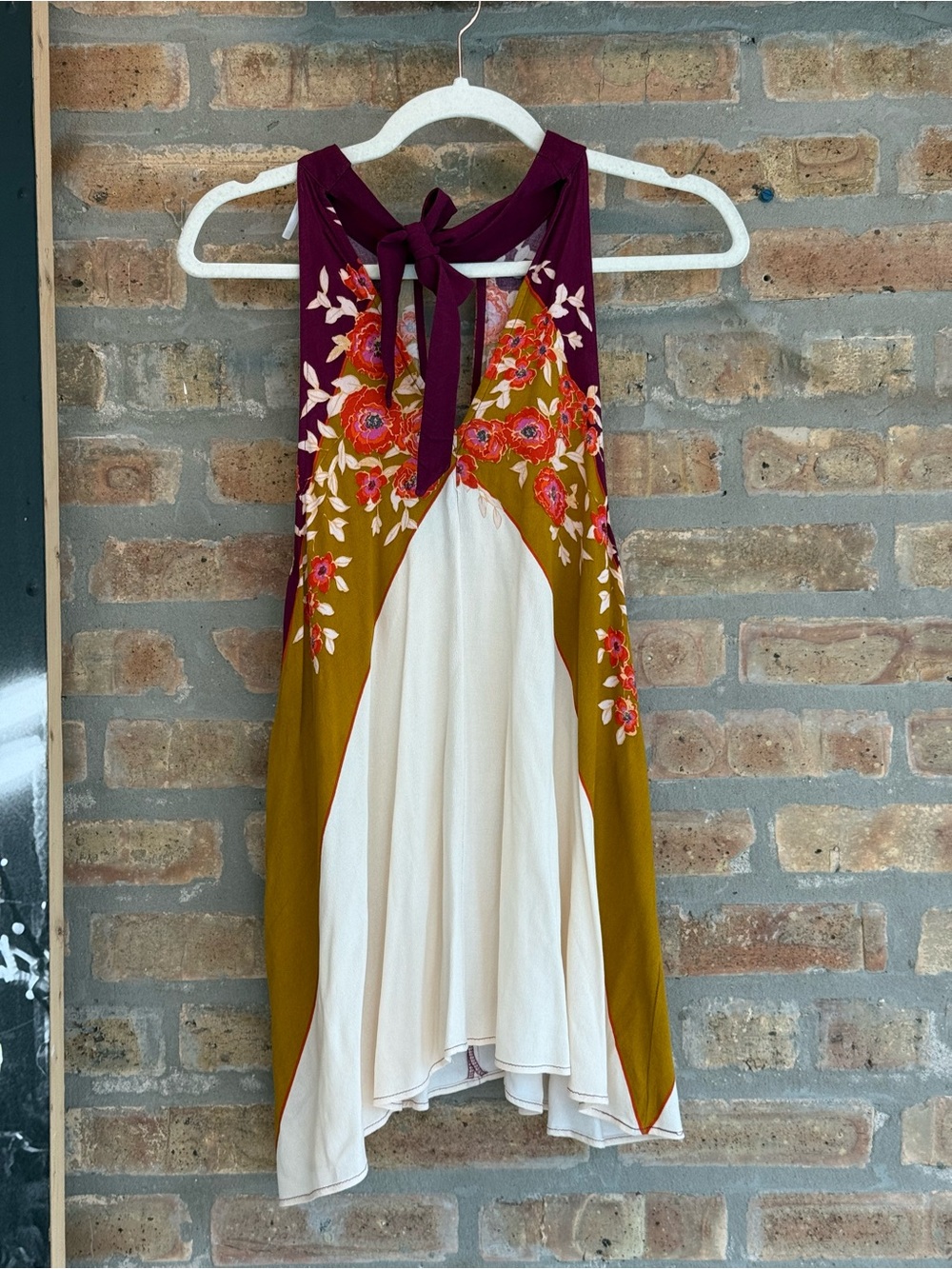 Free People Floral Tie-Back Halter Camisole in Burgundy, Olive & Cream